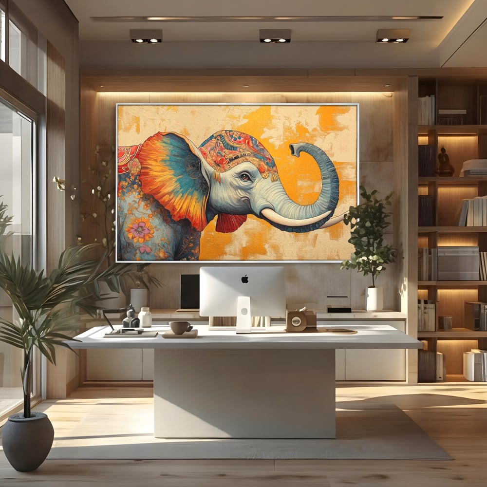 Tablou canvas cu tablou canvas cu elefant decorat in stil oriental, in rama de aluminiu argintiu, pe perete intr-un birou